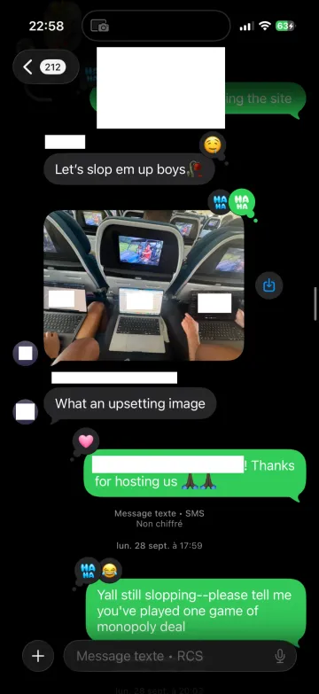 Group chat screenshot: a friend writes 'Let's slop em up boys' above a photo of three laptops open on airplane tray tables