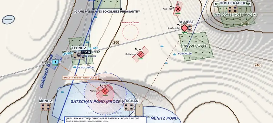 A French horse battery shelling the frozen Satschan pond, cracking the ice under an Austrian brigade